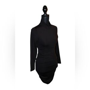 Black Bodycon Midi Dress • Long Sleeve • Mock Neck • Ruched • Size Small